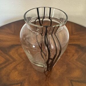 Hand Blown Art Glass Vase With Black Drip Vertical Stripes 6 1/2 Inches